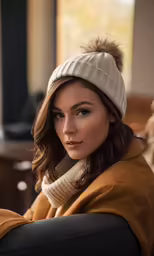 the woman is wearing a brown coat and a white hat