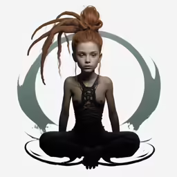 a woman with red hair sitting in the middle of a body of water