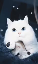 a white cat is sitting with its paw on the pillow