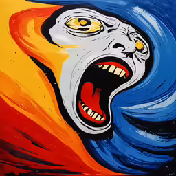 a painting of a scary zombie face holding something in its mouth