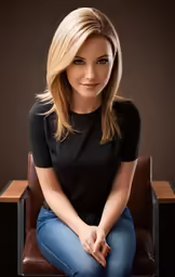 a woman with a black top is sitting on a chair