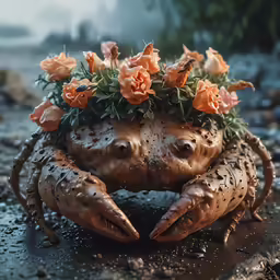an adorable crab with a crown of flowers sits on the ground