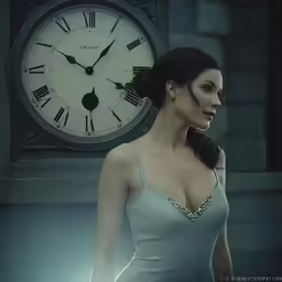 a woman in grey dress by large clock with roman numerals