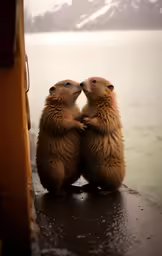 two animals sitting on a ship and one is kissing