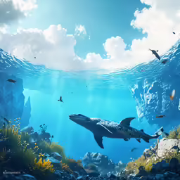 a huge shark swims among reef life