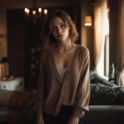 a young woman sitting in a room with lots of light coming through the window
