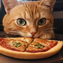 an orange cat eating pizza that has cheese and spinach leaves
