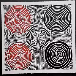an abstract art work with black and red shapes,a painting that has black circles in it