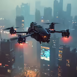 an aerial photo of a city with a very big helicopter