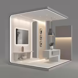 a white office with some tables and a light