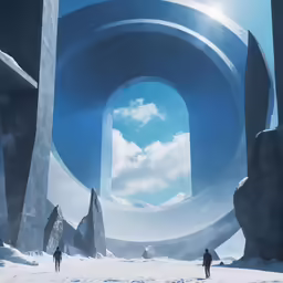 a man stands between two huge rocks in a desert
