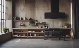 a kitchen with some shelves and various decor