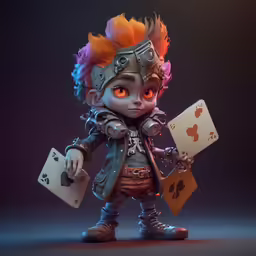 the figure has a cat and ace, two cards, and an orange colored eye