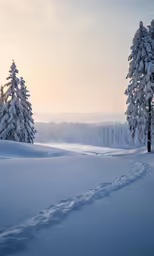 a tree line with tracks in snow near some trees