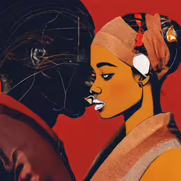 the cover of the magazine, the face of an afro american woman is being kissed,a painting of two women kissing while wearing head coverings