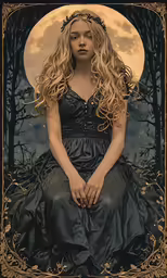 a woman with long hair is sitting in front of the moon