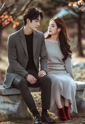 the young couple are sitting down on a stone bench,a man and woman sitting on a bench looking at each other