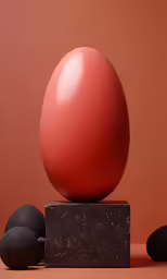 three small rocks and a statue on a red background