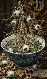 several balls and plants in an old ceramic bowl