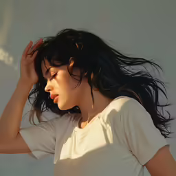a woman in a short sleeve shirt holding her hair back