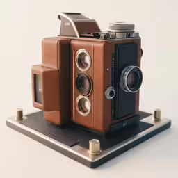 a small analog camera with two lens and a light bulb on top