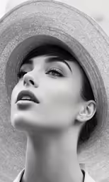 black and white photo of a beautiful woman wearing a large hat
