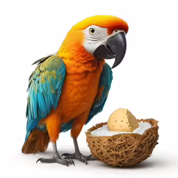 the bright parrot stands near a bowl with bread