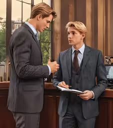 the painting depicts two men in suits at a restaurant,the young businessman is holding something on his lapel