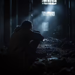 a man sitting in the dark looking in an abandoned building