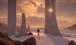 a man is standing in front of tall pillar shaped structures