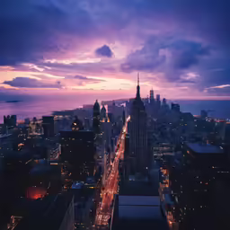 a nighttime scene of the city as seen from a tall building