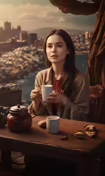 a woman is sitting at a table drinking out of a mug
