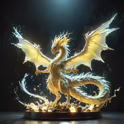 a white dragon statue standing on some rocks