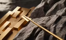 an artistic object placed on rocks with gold handles