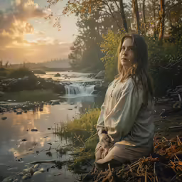 a woman sits by the water, next to a river