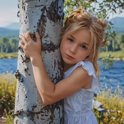 a child leaning on a tree on a river bank
