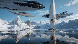 a scene of ships flying over icebergs in the distance