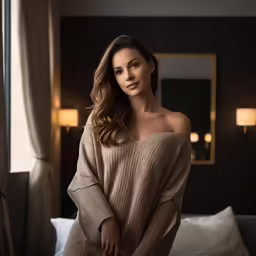 a woman posing in a hotel room wearing a sweater