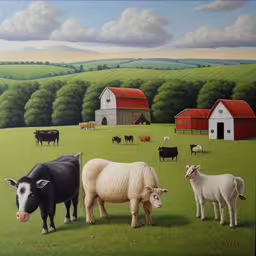 a painting with a lot of animals grazing on the grass,several sheep and some cows in a pasture