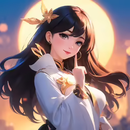 a girl is wearing a white outfit and holding her finger in her left hand
