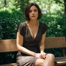 a woman is sitting on the wooden bench