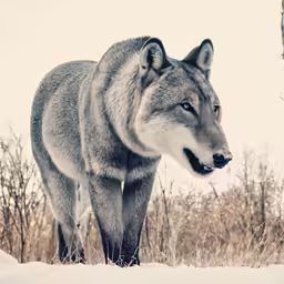 a grey wolf standing next to some trees in the snow