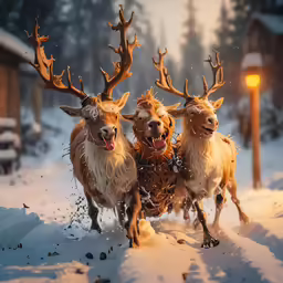 two reindeer with horns and a pair of people on back