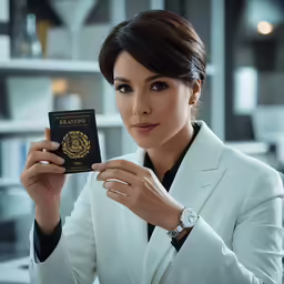 a woman in a business suit holding an oriental passport