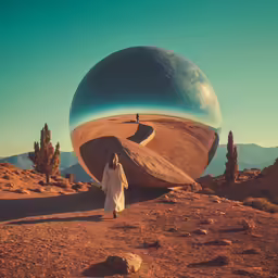 the woman walking through a desert like area with an unusual structure