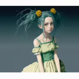 a digital rendering of a girl with green hair