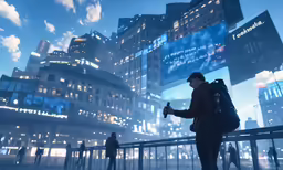 a man standing on a sidewalk with city buildings