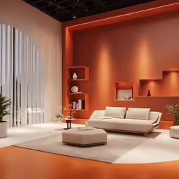 a living room with orange accents is shown
