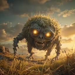 a creature with glowing eyes running across grass