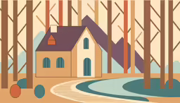 a painting of a house on a path in the woods